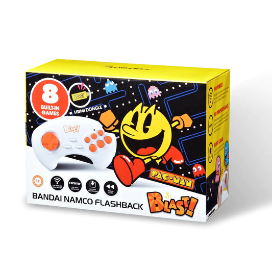 Bandai Namco Flashback Blast! comes with an HDMI dongle 8 greatest Bandai Namco games built in and a 2.4G wireless game controller. Video output is at 720P high resolution.